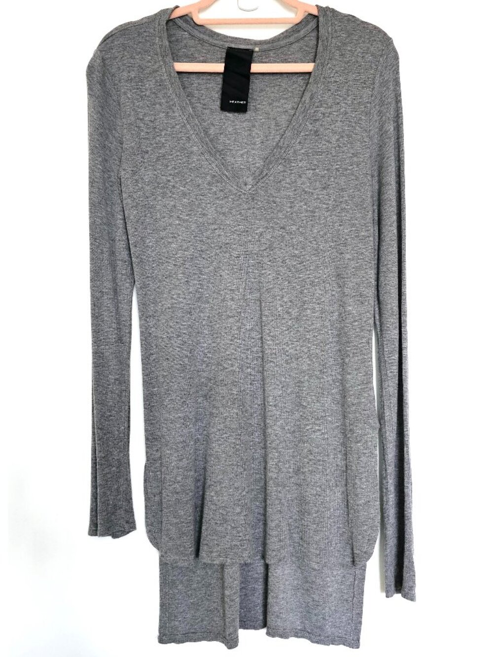Heather Gray Rib Knit High-Low Hem Long Sleeve Tee T-Shirt Tunic Top S/M